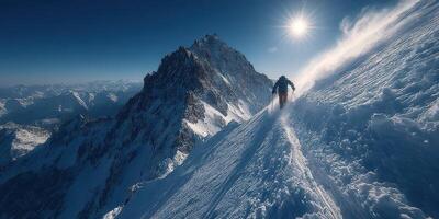 Skiing down a snowy mountain slope under a bright sun in the beautiful alpine landscape photo