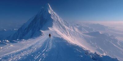 Climbing a majestic snow-covered mountain peak at dawn with stunning blue skies overhead photo