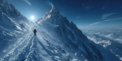 Climber ascends a snowy mountain at dusk with stunning twilight sky in the background photo