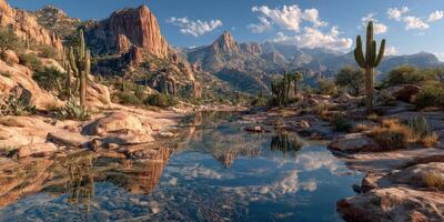 Majestic desert landscape with mountains and a reflecting pool during golden hour photo