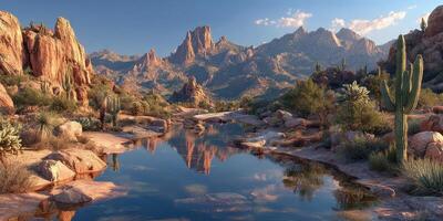 Majestic mountain landscape with a serene river and desert flora under a clear sky during golden hour photo