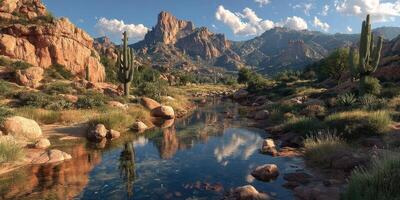Majestic desert landscape with a tranquil stream flowing through rocky terrain on a sunny day photo