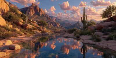 Sunset over a serene desert landscape with mountains and a reflective stream in the foreground photo