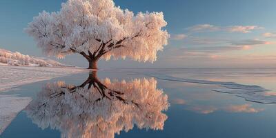 Majestic white tree reflects perfectly in calm lake during winter at sunset photo