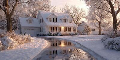 Snow-covered house with warm light in serene winter setting during sunset in a quiet neighborhood photo