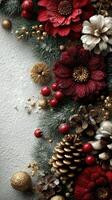 Festive arrangement of decorative flowers, pinecones, and ornaments for holiday atmosphere photo