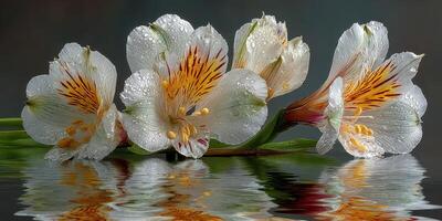 Fresh white flowers with orange accents resting on a reflective surface after a gentle rain in a serene setting photo