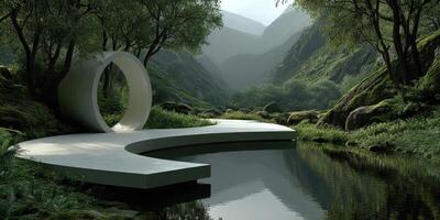 Tranquil nature scene with modern sculpture by reflective water in a serene valley during early morning photo