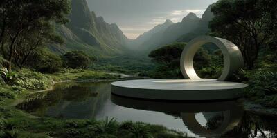 Serenity in a lush valley with a circular platform surrounded by mountains and a calm river at dawn photo