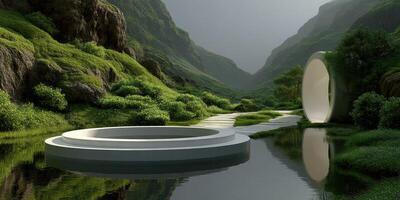 Beautiful landscape with modern sculptures beside a serene river in a lush valley during daytime photo