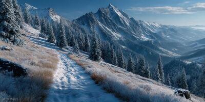 Mountain landscape covered in snow with a clear sky and tree-lined path during winter daylight hours photo