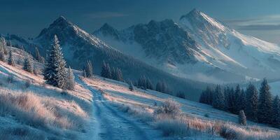 Scenic snow-covered mountains and winding path during twilight in a tranquil winter landscape photo