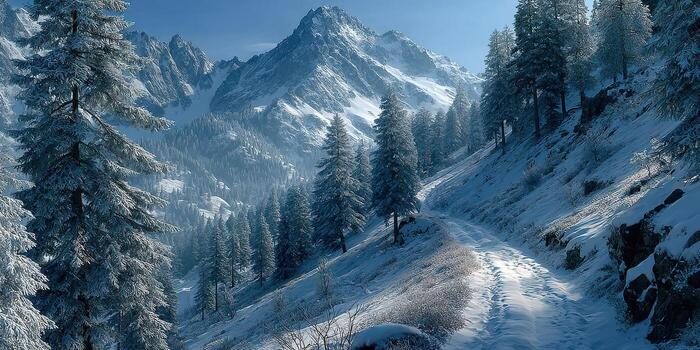 Mountain landscape covered in snow with a clear sky and tree