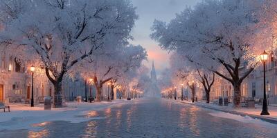 Winter morning in a serene snowy street with glowing lampposts and frosted trees photo