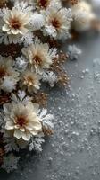 Winter floral arrangement with delicate blooms and frost accents on a textured background photo