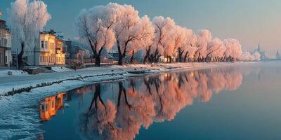 Serene winter landscape with frosted trees and calm river during early morning light photo