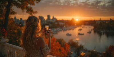 Capturing sunset moments by the river with vibrant autumn colors and urban skyline in the background photo