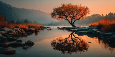 Sunset reflection of a solitary tree by a tranquil river surrounded by rocky shorelines and autumn colors photo