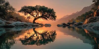 Tranquil sunset over water with a silhouette of a tree and reflection in serene landscape photo