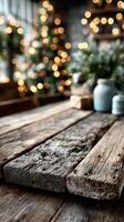 Rustic wooden table with decorative elements and soft bokeh lights creating a cozy atmosphere during winter season photo