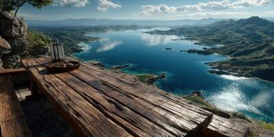 Stunning view of serene lake and distant mountains from wooden terrace overlooking calm waters photo