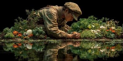 Boy tending to vibrant vegetable and flower garden next to calm water during sunny afternoon in nature photo