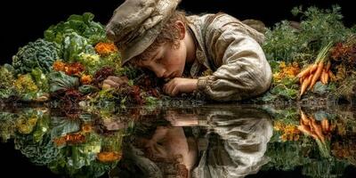 Boy examining vegetables beside a tranquil water body during a sunny afternoon in a vibrant garden photo