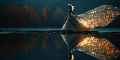Elegant woman in flowing gown surrounded by autumn leaves near tranquil lake at dusk photo