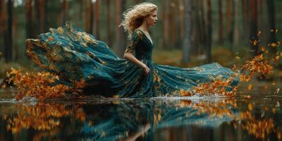 Elegant woman in flowing dress wades through forest pond during autumn, surrounded by falling leaves at golden hour photo