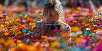 Young woman capturing memories in a vibrant flower field during springtime in a rural area photo