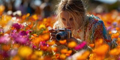 Woman capturing memories in vibrant flower field during sunny afternoon photo
