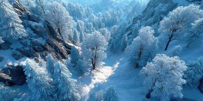 Snow-covered valley with frosty trees under bright winter sky in serene mountain landscape photo