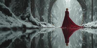 Elegant figure in a red gown stands by a tranquil snowy lake surrounded by tall trees and misty mountains at dawn photo