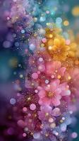 Colorful abstract floral design with vibrant blooms and glowing bokeh background creating a dreamy atmosphere photo