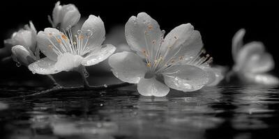 Delicate white flowers with droplets resting on calm water surface during a serene spring morning photo