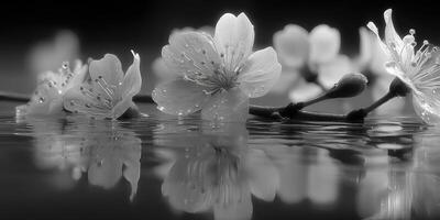Cherry blossoms reflect on calm water surface during a serene moment at dawn photo