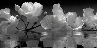 Black and white flowers reflect on calm water under soft light in a serene natural setting photo