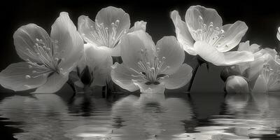 Blooming cherry blossoms reflecting on tranquil water at dusk photo