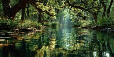 Tranquil forest river reflecting lush greenery in bright daylight photo