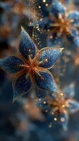 Elegant blue and gold decorative flowers glowing in a festive setting during the evening photo
