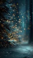 Magical winter forest with shimmering lights and a snow-covered tree at night photo