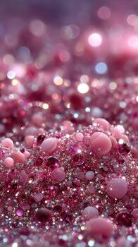 Vivid pink droplets create a shimmering abstract display on a sparkling surface during soft lighting conditions photo