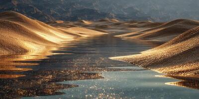 Serene desert landscape with reflective water at golden hour showcasing undulating sand dunes and distant mountains photo