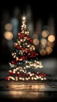 Festive holiday tree adorned with colorful lights creating a magical atmosphere during the winter season photo