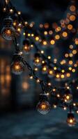 Twinkling lights create a cozy atmosphere in an outdoor setting during the evening hours photo