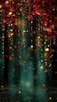 Golden autumn leaves illuminated by soft lights create a magical atmosphere in a tranquil forest setting photo
