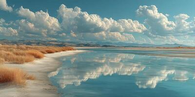 Serene landscape of a lake reflecting clouds and mountains during midday sunlight in a tranquil environment photo