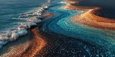 Waves with shimmering golden and blue hues lapping the shore at sunset on a tranquil beach photo