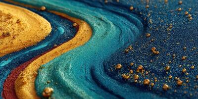 Textured waves of vibrant colors form an abstract art piece with glimmering gold accents and rich blue hues photo