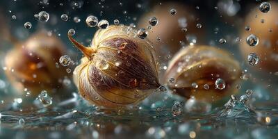 Close-up of nuts surrounded by water droplets captured in a macro setting with a dark background photo
